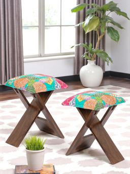 Ikiriya - Dayton Sheesham Wood Pack Of 2 Stools Fruit Print Kantha Provisional Teak Finish (1 Year Warranty)