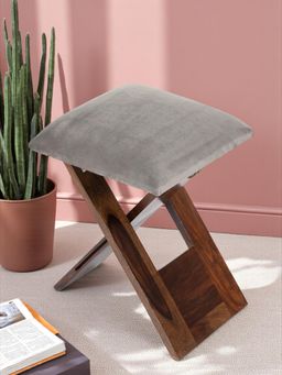 Ikiriya - Dayton Sheesham Wood Accent Stool Grey Cotton Velvet Provisional Teak Finish (1 Year Warranty)