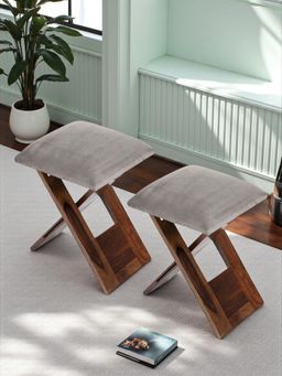 Ikiriya - Dayton Sheesham Wood Pack Of 2 Stools Grey Cotton Velvet Provisional Teak Finish (1 Year Warranty)