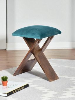 Ikiriya - Dayton Sheesham Wood Accent Stool Turquoise Sea Velvet Provisional Teak Finish (1 Year Warranty)