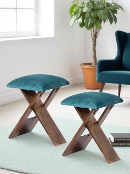 Ikiriya - Dayton Sheesham Wood Pack Of 2 Stools Turquoise Sea Velvet Provisional Teak Finish (1 Year Warranty)