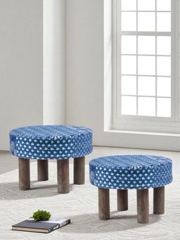 Ikiriya - Maple Sheesham Wood Pack Of 2 Foot Stools Indigo Patchwork Kantha (1 Year Warranty)