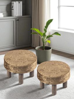 Ikiriya - Maple Sheesham Wood Pack Of 2 Foot Stools Sparkle Velvet Antique Grey Finish (1 Year Warranty)