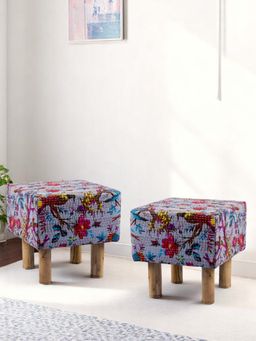 Ikiriya - Verona Solid Wood Pack Of 2 Ottoman / Pouffes Grey Brid Print Kantha Teak Finish (1 Year Warranty)