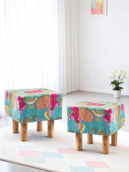 Ikiriya - Verona Solid Wood Pack Of 2 Ottoman / Pouffes Sea Green Fruit Print Kantha (1 Year Warranty)