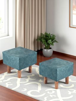Ikiriya - Verona Solid Wood Pack Of 2 Ottoman / Pouffes Blue Jacquard Work Fabric (1 Year Warranty)