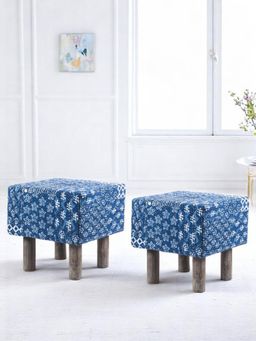 Ikiriya - Verona Solid Wood Pack Of 2 Ottoman / Pouffes Indigo Patchwork Kantha (1 Year Warranty)