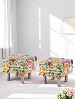 Ikiriya - Verona Solid Wood Pack Of 2 Ottoman / Pouffes Israel Print Patchwork Kantha (1 Year Warranty)