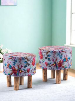 Ikiriya - Morgan Solid Wood Pack Of 2 Ottoman / Pouffes Grey Brid Print Kantha Teak Finish (1 Year Warranty)