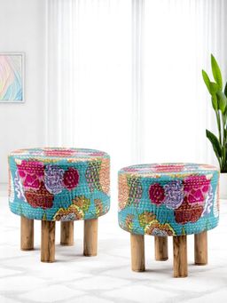 Ikiriya - Morgan Solid Wood Pack Of 2 Ottoman / Pouffes Sea Green Fruit Print Kantha (1 Year Warranty)