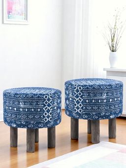 Ikiriya - Morgan Solid Wood Pack Of 2 Ottoman / Pouffes Indigo Patchwork Kantha (1 Year Warranty)