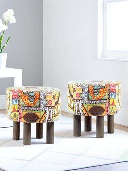 Ikiriya - Morgan Solid Wood Pack Of 2 Ottoman / Pouffes Israel Print Patchwork Kantha (1 Year Warranty)
