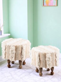 Ikiriya - Louisville Solid Wood Pack Of 2 Ottoman / Pouffes Beige Fabric with Fringes (1 Year Warranty)