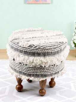 Ikiriya - Louisville Solid Wood Ottoman / Pouffe Grey Fabric with Fringes Teak Finish (1 Year Warranty)