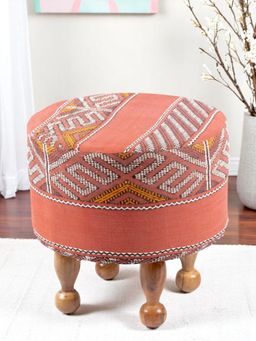 Ikiriya - Louisville Solid Wood Parisian Ottoman / Pouffe Red Jacquard Work Fabric (1 Year Warranty)