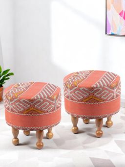 Ikiriya - Louisville Solid Wood Parisian Pack Of 2 Ottoman / Pouffes Red Jacquard Work Fabric (1 Year Warranty)