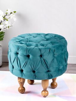 Ikiriya - Louisville Acacia Wood Accent Ottoman / Pouffe Turquoise Sea Velvet Teak Finish (1 Year Warranty)