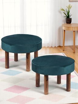 Ikiriya - Sandford Solid Wood Pack Of 2 Ottoman / Pouffes Turquoise Sea Velvet Teak Finish (1 Year Warranty)