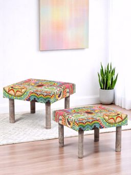 Ikiriya - Sandford Solid Wood Pack Of 2 Ottoman / Pouffes Israel Print Patchwork Kantha (1 Year Warranty)
