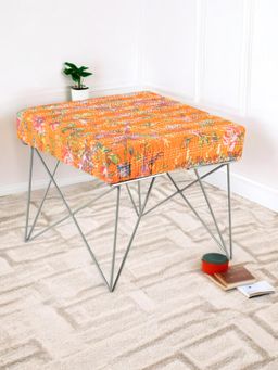 Ikiriya - Asansol Sheesham Wood Mid Century Stool Bird Print Orange Kantha (1 Year Warranty)