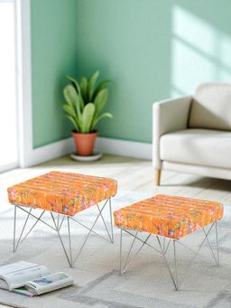 Ikiriya - Asansol Sheesham Wood Mid Century Pack Of 2 Stools Bird Print Orange Kantha (1 Year Warranty)