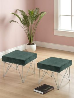 Ikiriya - Asansol Sheesham Wood Accent Pack Of 2 Stools Green Cotton Velvet (1 Year Warranty)