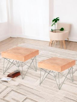 Ikiriya - Asansol Sheesham Wood Accent Pack Of 2 Stools Melon Pink Cotton Velvet (1 Year Warranty)