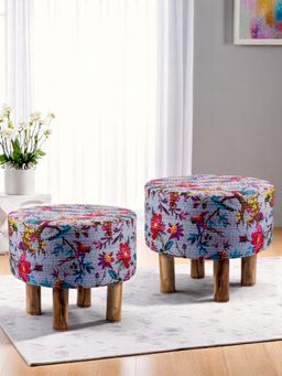 Ikiriya - Collie Solid Wood Pack Of 2 Ottoman / Pouffes Grey Brid Print Kantha Teak Finish (1 Year Warranty)