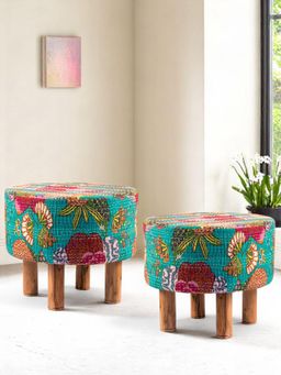 Ikiriya - Collie Solid Wood Pack Of 2 Ottoman / Pouffes Sea Green Fruit Print Kantha (1 Year Warranty)