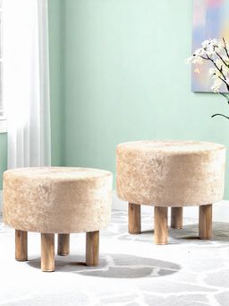 Ikiriya - Collie Solid Wood Pack Of 2 Ottoman / Pouffes Beige Sparkle Velvet Teak Finish (1 Year Warranty)