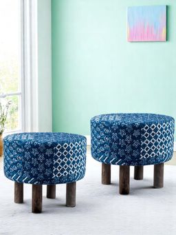 Ikiriya - Collie Solid Wood Pack Of 2 Ottoman / Pouffes Indigo Patchwork Kantha (1 Year Warranty)