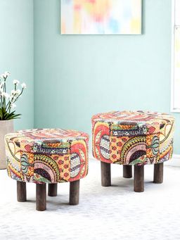 Ikiriya - Collie Solid Wood Pack Of 2 Ottoman / Pouffes Israel Print Patchwork Kantha (1 Year Warranty)