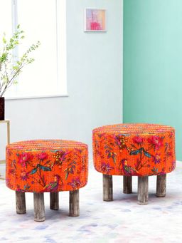 Ikiriya - Collie Solid Wood Pack Of 2 Ottoman / Pouffes Bird Print Orange Kantha (1 Year Warranty)