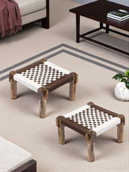 Ikiriya - Riaz Sheesham Wood Vintage Pack Of 2 Foot Stools In Brown & White Rope Canning (1 Year Warranty)