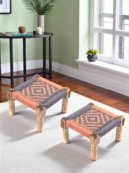Ikiriya - Riaz Sheesham Wood Vintage Pack Of 2 Foot Stools In Orange & Grey Rope Canning (1 Year Warranty)