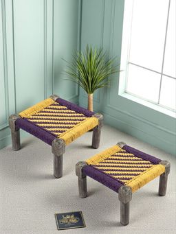 Ikiriya - Riaz Sheesham Wood Vintage Pack Of 2 Foot Stools In Yellow & Purple Rope Canning (1 Year Warranty)