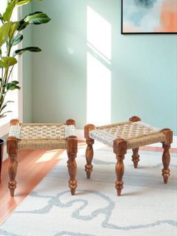 Ikiriya - Riaz Sheesham Wood Vintage Pack Of 2 Stools In Natural Jute & Silver Rope Canning (1 Year Warranty)