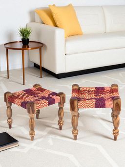 Ikiriya - Riaz Sheesham Wood Vintage Pack Of 2 Stools In Multi Colour Chindi Rope Canning (1 Year Warranty)