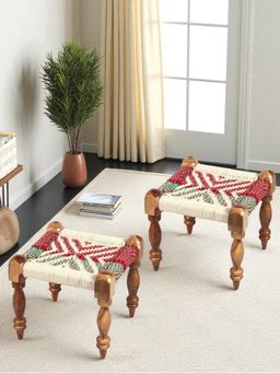 Ikiriya - Riaz Sheesham Wood Pack Of 2 Stools In Multi Colour Chindi & White Rope Canning (1 Year Warranty)