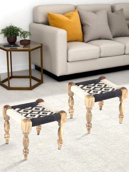 Ikiriya - Riaz Sheesham Wood Vintage Pack Of 2 Stools In Black & White Rope Canning (1 Year Warranty)