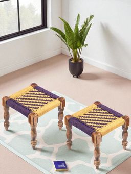 Ikiriya - Riaz Sheesham Wood Vintage Pack Of 2 Stools In Yellow & Purple Rope Canning (1 Year Warranty)