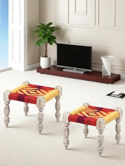 Ikiriya - Riaz Sheesham Wood Pack Of 2 Stools In Multi Colour Chindi & Yellow Rope Canning (1 Year Warranty)