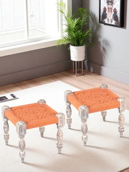 Ikiriya - Riaz Sheesham Wood Vintage Pack Of 2 Stools In Orange Rope Canning (1 Year Warranty)
