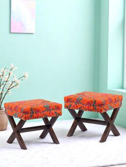 Ikiriya - Rosslyn Sheesham Wood Pack Of 2 Ottoman / Pouffes Bird Print Orange Kantha (1 Year Warranty)
