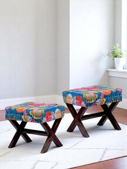 Ikiriya - Rosslyn Sheesham Wood Pack Of 2 Ottoman / Pouffes Fruit Print Blue Kantha (1 Year Warranty)