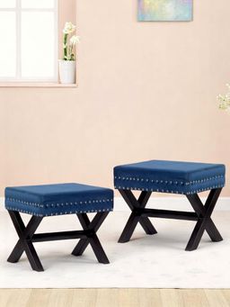 Ikiriya - Rosslyn Sheesham Wood Pack Of 2 Ottoman / Pouffes Navy Blue Velvet (1 Year Warranty)