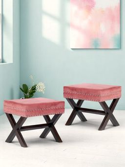 Ikiriya - Rosslyn Sheesham Wood Pack Of 2 Ottoman / Pouffes Coral Pink Velvet (1 Year Warranty)