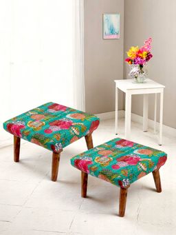 Ikiriya - Queens Sheesham Wood Pack Of 2 Ottoman / Pouffes Sea Green Fruit Print Kantha (1 Year Warranty)