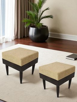 Ikiriya - Lisbon Sheesham Wood Pack Of 2 Stools Beige Mossy Fabric Extra Dark Mahogany Finish (1 Year Warranty)
