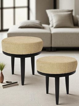 Ikiriya - Lisbon Sheesham Wood Pack Of 2 Stools Beige Mossy Fabric Extra Dark Mahogany Finish (1 Year Warranty)